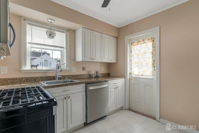 324 Greene Ave, Middlesex, NJ 08846 - kitchen featuring stainless steel appliances, white cabinets, a ceiling fan, ornamental molding, and dark countertops