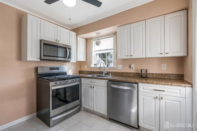 324 Greene Ave, Middlesex, NJ 08846 - kitchen with appliances with stainless steel finishes, white cabinets, dark countertops, ceiling fan, and crown molding