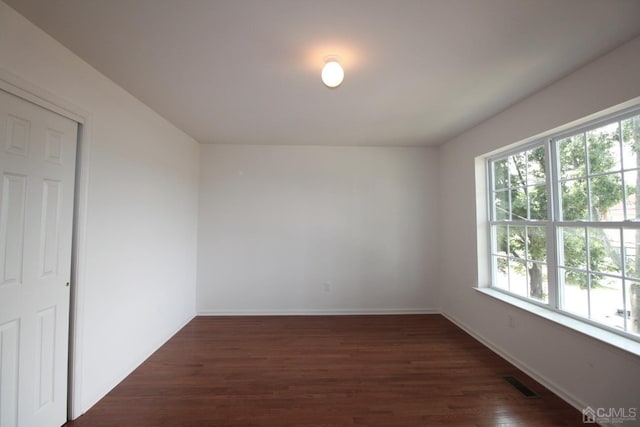 unfurnished room featuring plenty of natural light and dark wood-type flooring