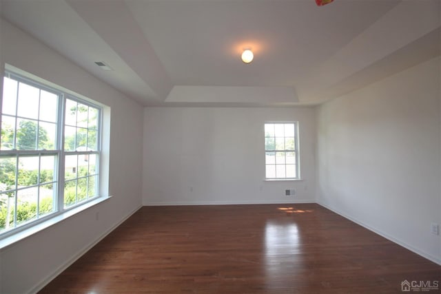 empty room featuring dark hardwood / wood-style flooring and a tray ceiling