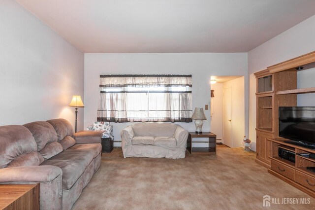 living room featuring a baseboard radiator and light carpet