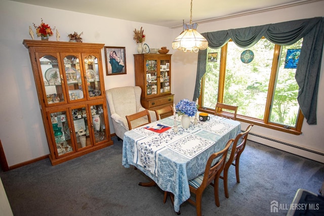 282 Bridgepoint Rd, Montgomery, NJ 08502 - carpeted dining space featuring a baseboard heating unit and a chandelier