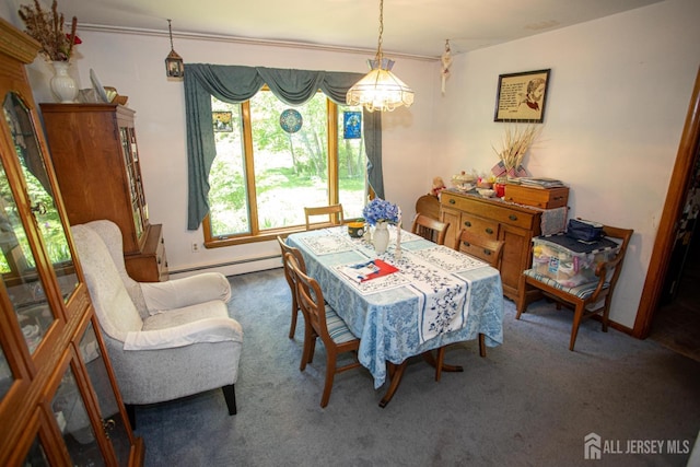 282 Bridgepoint Rd, Montgomery, NJ 08502 - dining area with a baseboard radiator, a chandelier, carpet floors, and crown molding