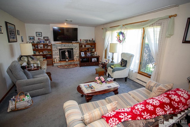 282 Bridgepoint Rd, Montgomery, NJ 08502 - carpeted living area featuring a baseboard heating unit and a fireplace