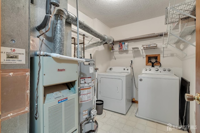352 Lancaster Ct, Piscataway, NJ 08854 - washroom with washing machine and clothes dryer, water heater, light floors, and a textured ceiling