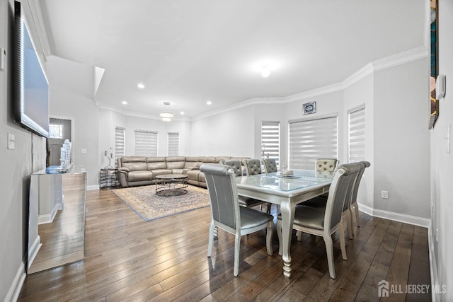767 Coolidge Ave, Woodbridge Proper, NJ 07095 - dining space featuring hardwood / wood-style floors, baseboards, recessed lighting, and ornamental molding