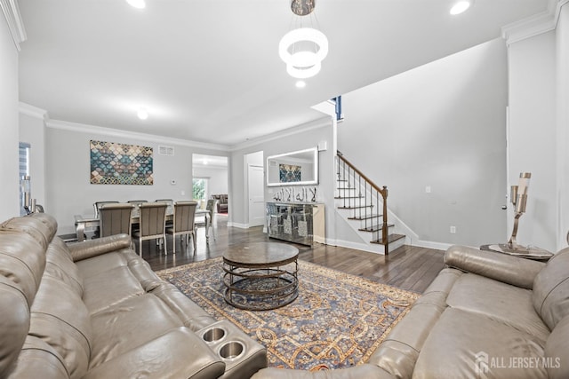 767 Coolidge Ave, Woodbridge Proper, NJ 07095 - living area with stairs, wood finished floors, ornamental molding, recessed lighting, and baseboards