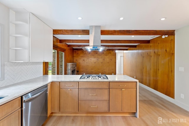 4 Hickory Trl, Flemington, NJ 08822 - kitchen featuring open shelves, a peninsula, appliances with stainless steel finishes, light wood finished floors, and beam ceiling