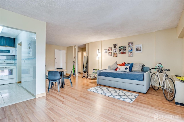 living area featuring baseboards, a textured ceiling, and light wood-style floors