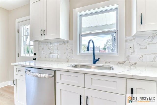 32 Campbell Ave, Edison, NJ 08817 - kitchen with stainless steel dishwasher, a sink, white cabinetry, and decorative backsplash