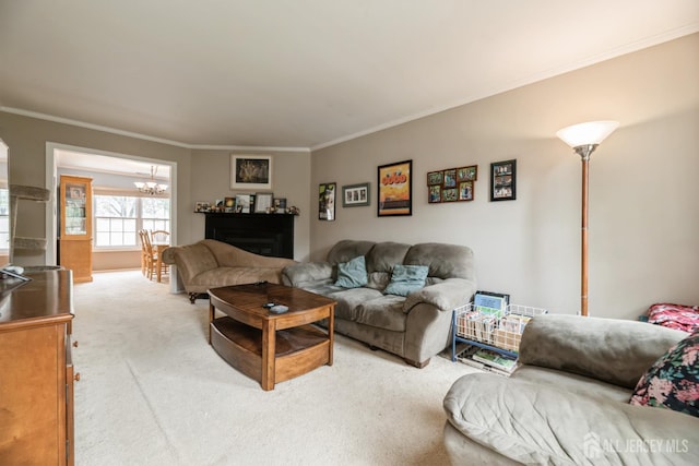 3 Pond View Dr, Plainsboro, NJ 08536 - living area featuring a chandelier, light colored carpet, and crown molding