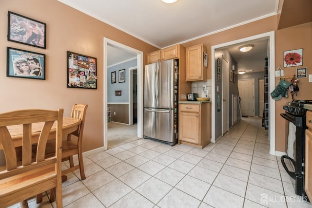 3 Pond View Dr, Plainsboro, NJ 08536 - kitchen with freestanding refrigerator, light brown cabinets, black gas range oven, light tile patterned floors, and baseboards