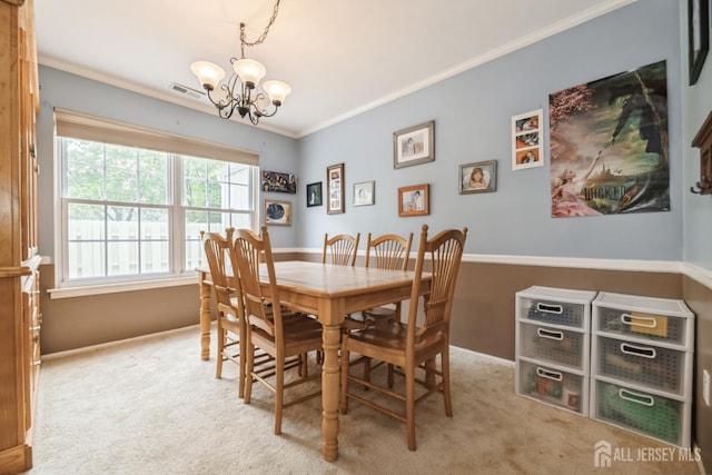 3 Pond View Dr, Plainsboro, NJ 08536 - dining area featuring a chandelier, ornamental molding, carpet flooring, and baseboards