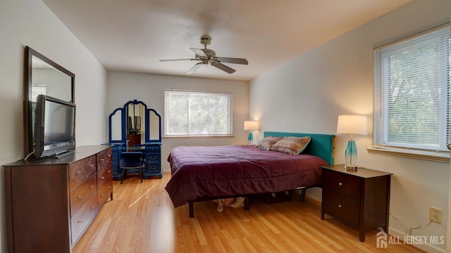 2413 Old Stone Mill Dr, East Windsor, NJ 08512 - bedroom featuring multiple windows, light wood-style flooring, baseboards, and ceiling fan