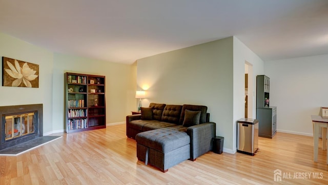 2413 Old Stone Mill Dr, East Windsor, NJ 08512 - living area with light wood-style flooring, a tiled fireplace, and baseboards