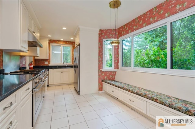 130 Sayre Dr, Plainsboro, NJ 08540 - kitchen with stainless steel appliances, under cabinet range hood, a sink, tasteful backsplash, and hanging light fixtures