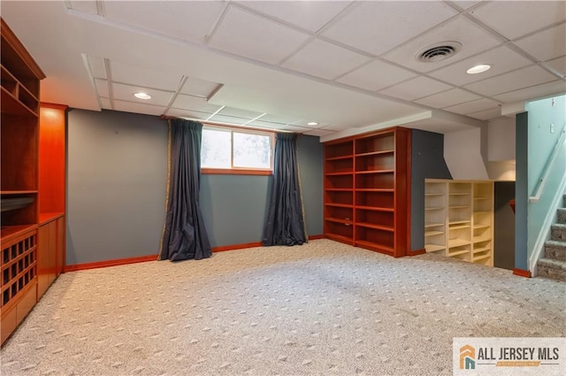 130 Sayre Dr, Plainsboro, NJ 08540 - below grade area with stairway, carpet, recessed lighting, a paneled ceiling, and baseboards