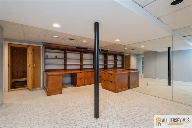 130 Sayre Dr, Plainsboro, NJ 08540 - finished basement featuring light colored carpet, recessed lighting, a paneled ceiling, and an office area