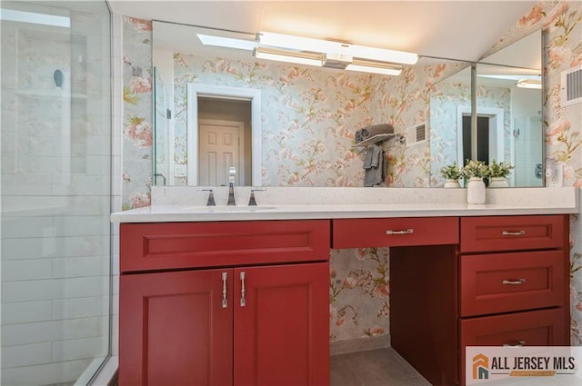 130 Sayre Dr, Plainsboro, NJ 08540 - full bathroom with wallpapered walls, vanity, tile patterned floors, and tiled shower