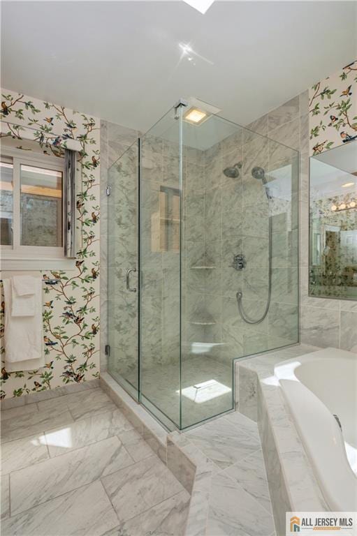 130 Sayre Dr, Plainsboro, NJ 08540 - full bathroom featuring a stall shower, a garden tub, and marble finish floors