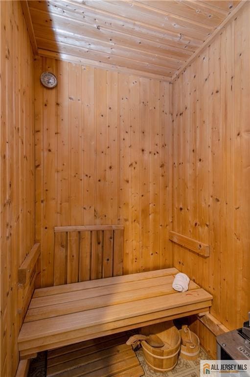 130 Sayre Dr, Plainsboro, NJ 08540 - relaxing sauna / steam room featuring wooden ceiling and wooden walls