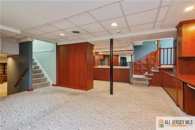 130 Sayre Dr, Plainsboro, NJ 08540 - finished below grade area with stairway, carpet flooring, recessed lighting, and a drop ceiling