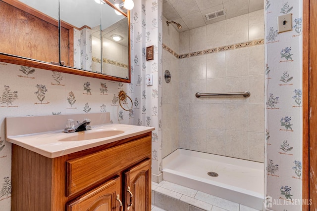 30 Daniel Dr, Matawan, NJ 07747 - bathroom featuring vanity, a shower stall, and wallpapered walls