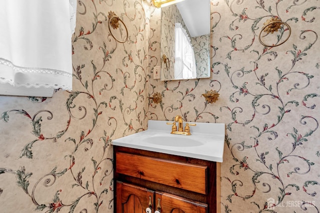30 Daniel Dr, Matawan, NJ 07747 - bathroom with wallpapered walls, vanity, and water heater