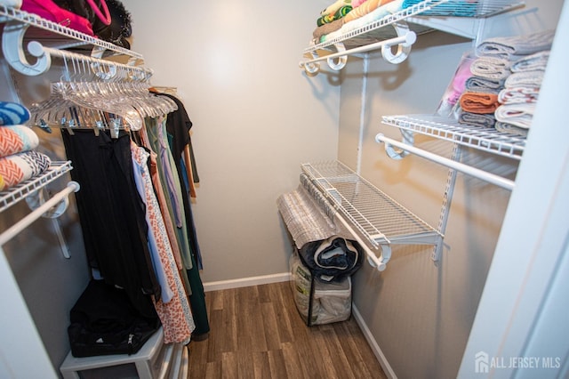 spacious closet with dark wood finished floors