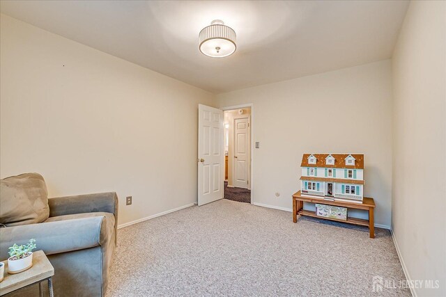 sitting room with baseboards and carpet