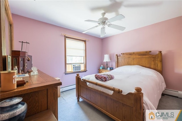 bedroom with ceiling fan, cooling unit, light colored carpet, and a baseboard radiator