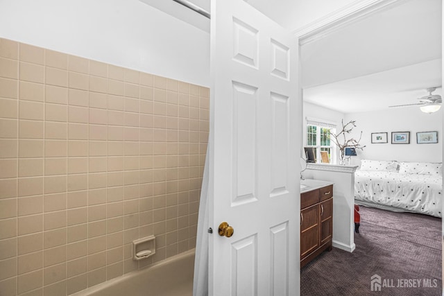 5 Fairway Blvd Unit 5, Monroe, NJ 08831 - bathroom featuring shower / bathtub combination with curtain, connected bathroom, a ceiling fan, and vanity