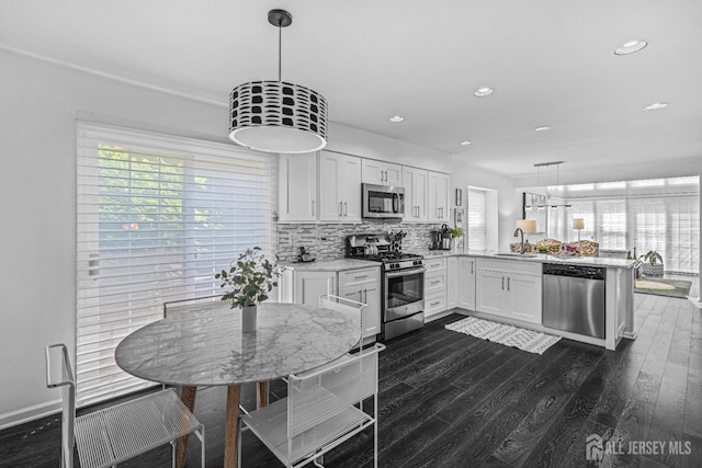 5 Fairway Blvd Unit 5, Monroe, NJ 08831 - kitchen with appliances with stainless steel finishes, a peninsula, dark wood-style floors, white cabinets, and recessed lighting