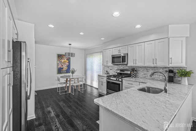 5 Fairway Blvd Unit 5, Monroe, NJ 08831 - kitchen featuring stainless steel appliances, dark wood-type flooring, a peninsula, recessed lighting, and light stone countertops