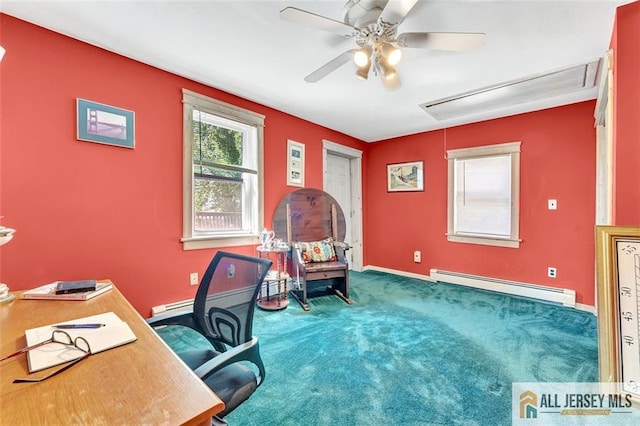 71 Russell St, Woodbridge Proper, NJ 07095 - office with attic access, baseboard heating, ceiling fan, carpet floors, and baseboards