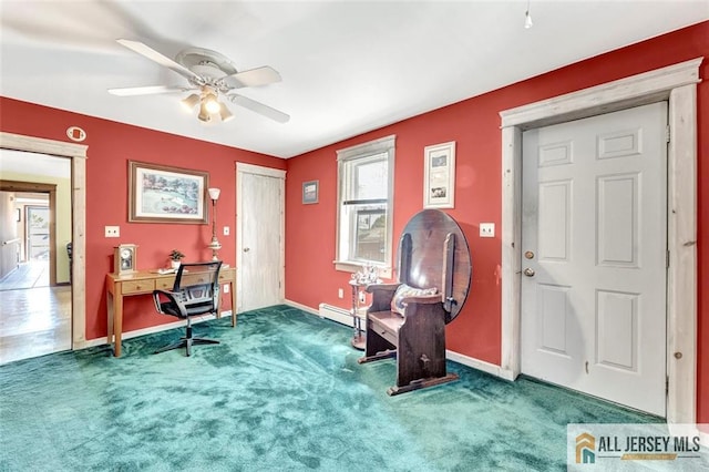 71 Russell St, Woodbridge Proper, NJ 07095 - carpeted office with baseboard heating, a ceiling fan, and baseboards