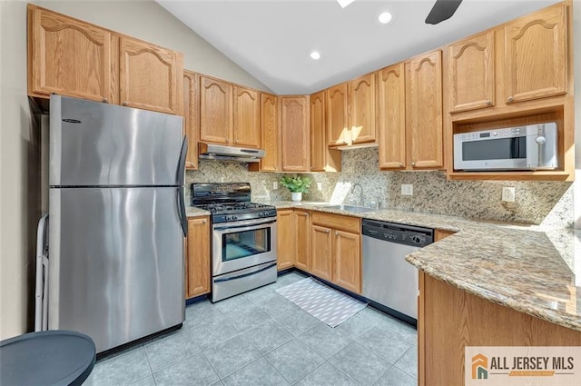 71 Russell St, Woodbridge Proper, NJ 07095 - kitchen featuring appliances with stainless steel finishes, under cabinet range hood, vaulted ceiling, backsplash, and a sink