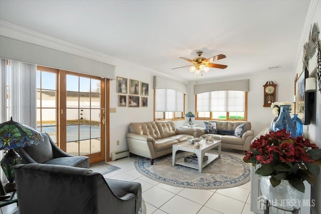 living room featuring a ceiling fan, visible vents, a baseboard radiator, light tile patterned flooring, and ornamental molding