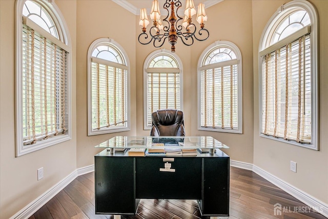 87 Ellmyer Rd, Edison, NJ 08820 - home office with plenty of natural light, a chandelier, dark wood-style flooring, and ornamental molding