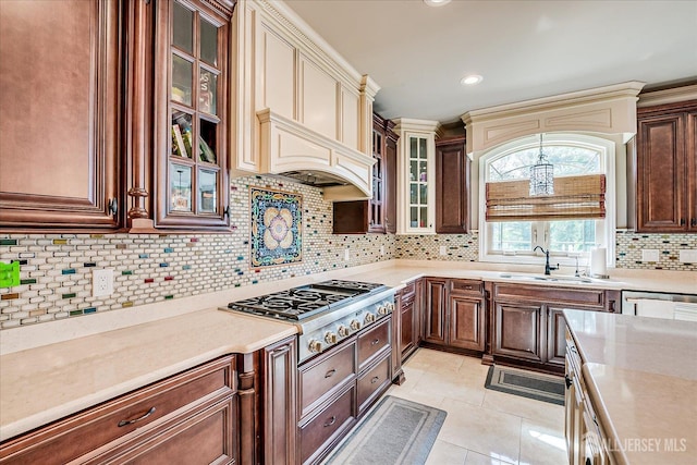 87 Ellmyer Rd, Edison, NJ 08820 - kitchen featuring stainless steel appliances, backsplash, light countertops, glass insert cabinets, and dark brown cabinets