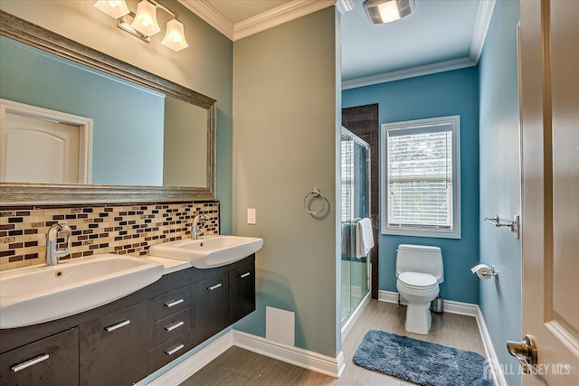 87 Ellmyer Rd, Edison, NJ 08820 - bathroom featuring decorative backsplash, double vanity, a stall shower, and ornamental molding