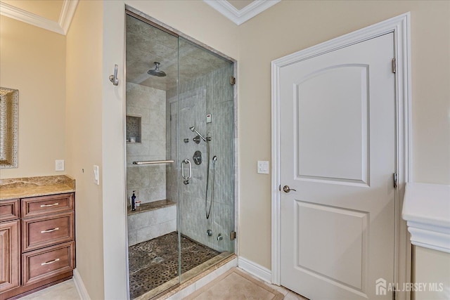 87 Ellmyer Rd, Edison, NJ 08820 - full bath featuring crown molding, a stall shower, vanity, and tile patterned floors