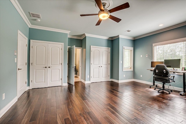 87 Ellmyer Rd, Edison, NJ 08820 - office with a ceiling fan, dark wood finished floors, and crown molding