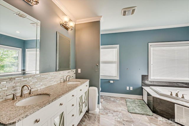 87 Ellmyer Rd, Edison, NJ 08820 - bathroom featuring tasteful backsplash, crown molding, a garden tub, double vanity, and marble finish floors