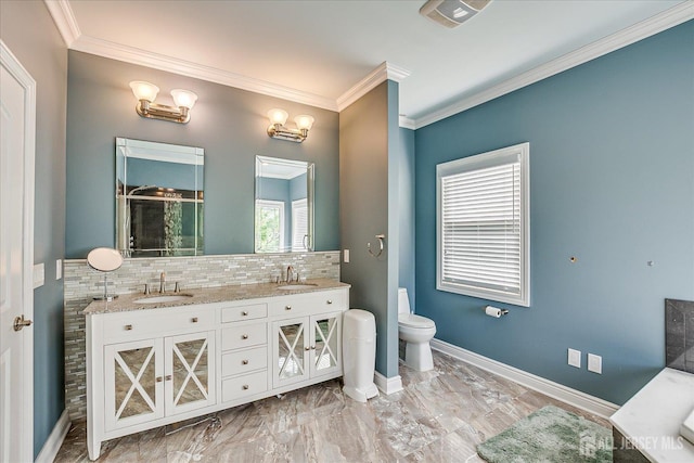 87 Ellmyer Rd, Edison, NJ 08820 - full bath featuring decorative backsplash, double vanity, ornamental molding, a shower with door, and marble finish floors