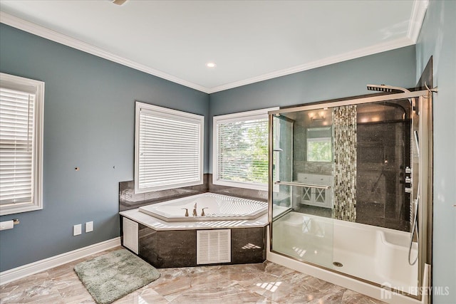 87 Ellmyer Rd, Edison, NJ 08820 - bathroom with crown molding, a garden tub, a shower stall, and recessed lighting