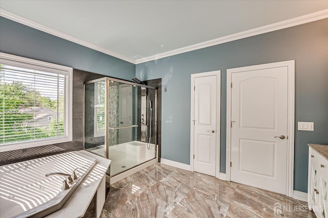 87 Ellmyer Rd, Edison, NJ 08820 - full bath featuring a stall shower, crown molding, a bath, vanity, and marble finish flooring