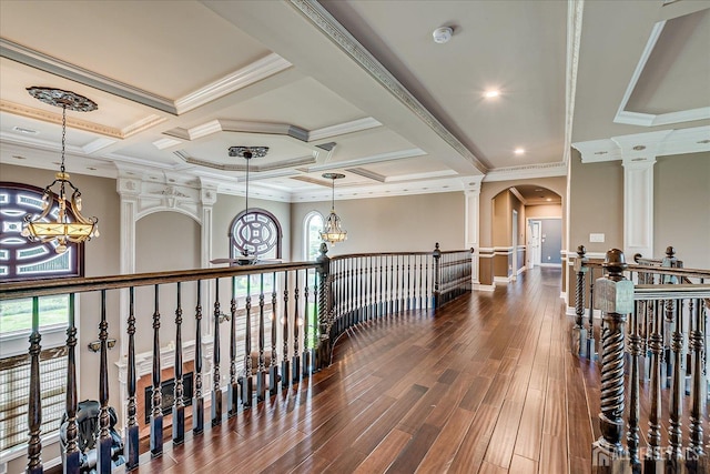 87 Ellmyer Rd, Edison, NJ 08820 - hallway featuring a chandelier, an upstairs landing, arched walkways, ornamental molding, and coffered ceiling