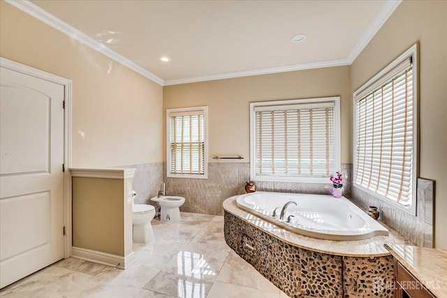 87 Ellmyer Rd, Edison, NJ 08820 - bathroom featuring a bidet, a bath, crown molding, wainscoting, and tile walls