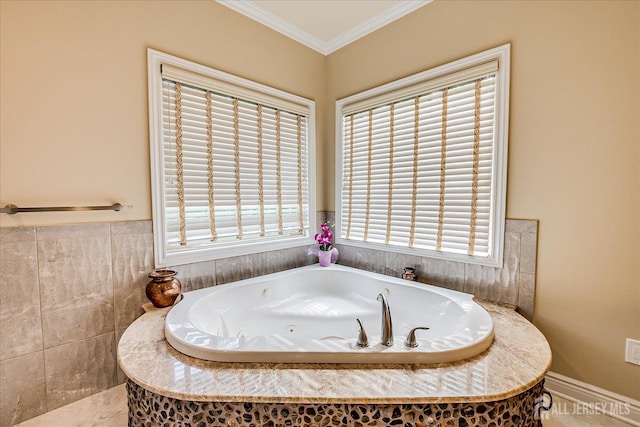 87 Ellmyer Rd, Edison, NJ 08820 - full bathroom featuring crown molding and a jetted tub